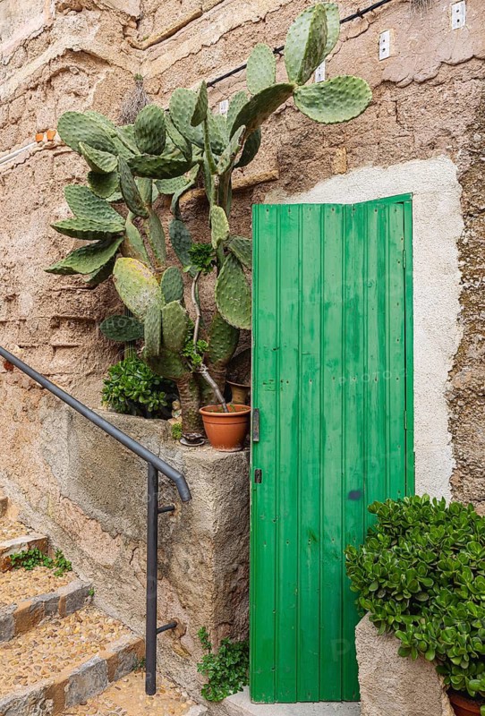 Green wooden door at the staircase, Alcudia, Majorca, Spain