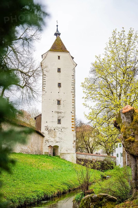 Sublime tower on green meadow under a cloudy sky with spring trees, Isny, Allgäu, Bavaria, Germany