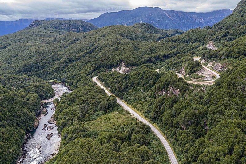 Road Carretera Austral, at Mirador Rio Cisnes, river Rio cisnes, aerial view, Aysen, Chile