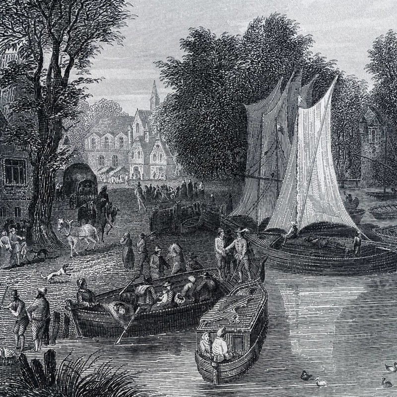 Detail from the artwork The Market Town on the Banks of Jan Brueghel, called Sammtbrueghel, Jan Brueghel the Elder, painting, landscape painting, riverbank, market towns, village, harbor, waterfront landscape, market scene, ships, boats, sails, many people, covered wagons, trade, merchants, city view, architecture, bridge, nature, trees, figure decoration, everyday life, Flanders, Flanders, Flanders baroque painting, 17th century, oil painting, art history, historical landscape, rural idyll, historical illustration 1854