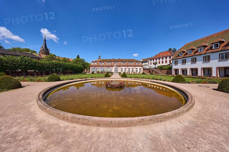 Pleasure garden, orangery, fountain, lawn, flower bed, path, sand, blue sky, Erbach, Odenwald, Odenwaldkreis, Hesse, Germany