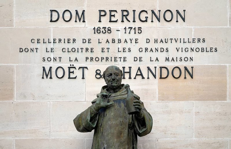 Dom Perignon statue, headquarters of the champagne brand Moët & Chandon, part of the luxury goods group LVMH Louis Vuitton Moët Hennessy, Avenue de Champagne, Épernay, Marne, France