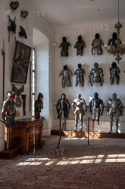 Knights' armour in the armoury in the historic Meersburg Castle, museum, place of interest, Lake Constance, Lake Constance district, Baden-Württemberg, Germany
