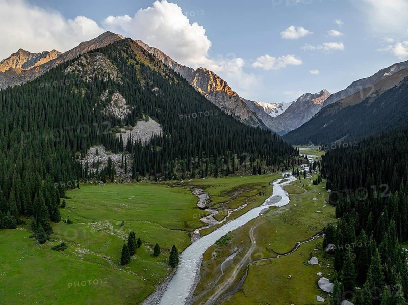 Aerial view, Green Mountain Valley, Chon Kyzyl Suu, Tien-Shan Mountains, Kyrgyzstan