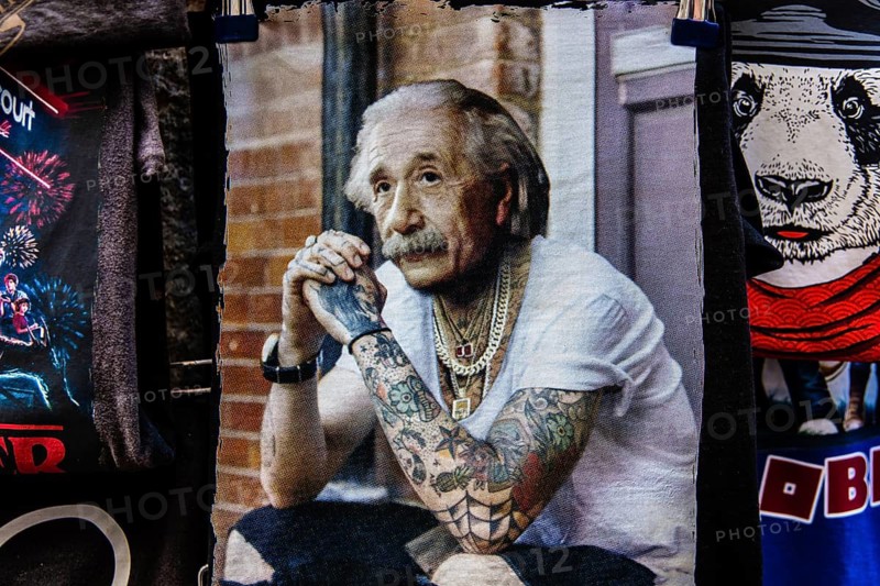 Shirt with depiction of Einstein as Rockere, Old Town of Budva, Montenegro, Budva, Montenegro