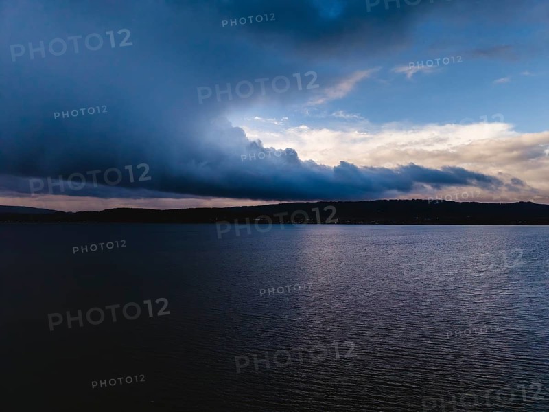 Weather image, aerial view of Lake Constance with passing rain cloud, heavy rain, severe weather, Radolfzell am Lake Constance, district of Konstanz, Baden-Württemberg, Germany