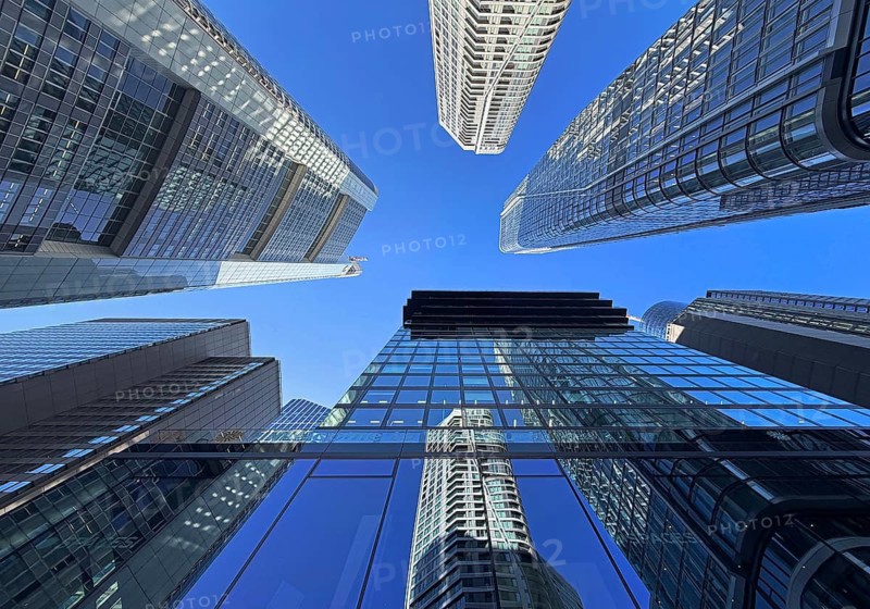 Frog's eye view of skyscrapers in the banking district, Four Frankfurt, Frankfurt am Main, Hesse, Germany