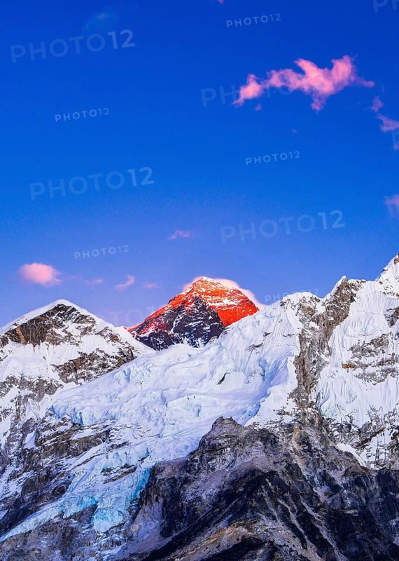 Close up Evening colored view of Mount Everest. Khumbu valley, Solukhumbu, Sagarmatha national park, Nepal