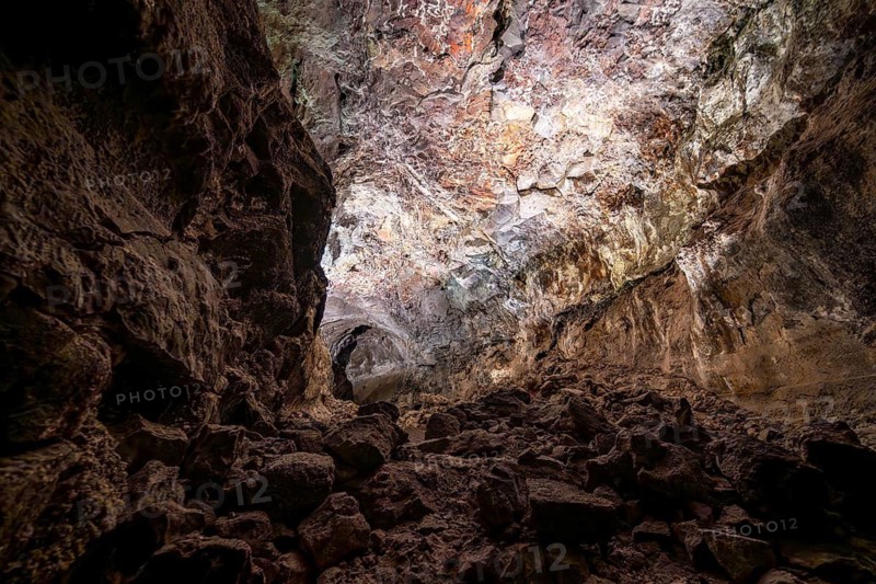 Underground cave formed by lava flow, illuminated lava cave, Cueva de los Verdes, Lanzarote, Canary Islands, Spain