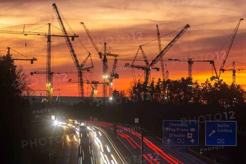 ESMC construction site of the new chip factory on the A4 in the evening, Dresden, Saxony, Germany