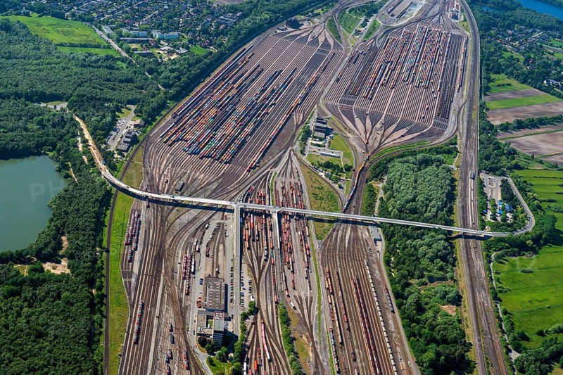 Europe, Germany, Lower Saxony, Maschen, municipality, Seevetal, district, Harburg, Lüneburger Heide, commuter catchment area, rail, Deutsche Bahn, freight train, transfer, maneuver, order, transport, loads, connection, rails, network, series, symbol, logistics, German, DB, passenger transport, rail traffic, rail traffic, rail traffic, rail traffic, train connection, train traffic, infrastructure, aerial view, top view, aerial view, aerial view, aerial view, aerial view, aerial view, bird's eye view, wagon, wagons