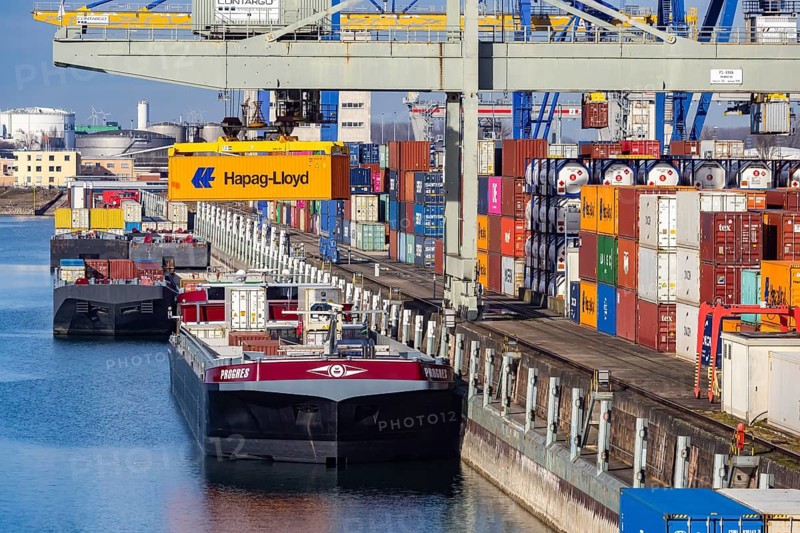 The port of Mannheim is one of the most important inland ports in Europe. The harbor basins stretch across the Rhine and Neckar. Container terminal in Mühlauhafen. Mannheim, Baden-Württemberg, Germany