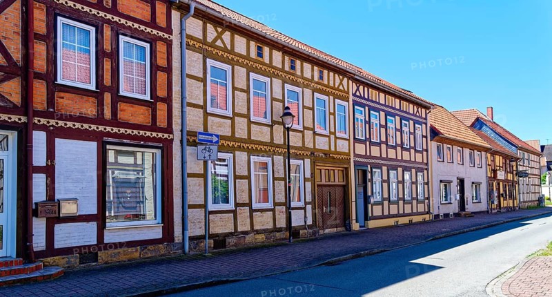 Half-timbered houses in the old town of Oebisfelde in the UNESCO Biosphere Reserve Drömling Saxony-Anhalt. Oebisfelde-Weferlingen, Börde, Saxony-Anhalt, Germany