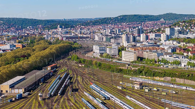 Aprelude to Stuttgart Central Station. Following the completion of the Stuttgart 21 project, apartments and the new Rosenstein quarter and apartments are to be built here. Rosenstein parking station. DB Fernverkehr AG deployment Stuttgart. In the background, the main train station. European quarter. Stuttgart, Baden-Württemberg, Germany