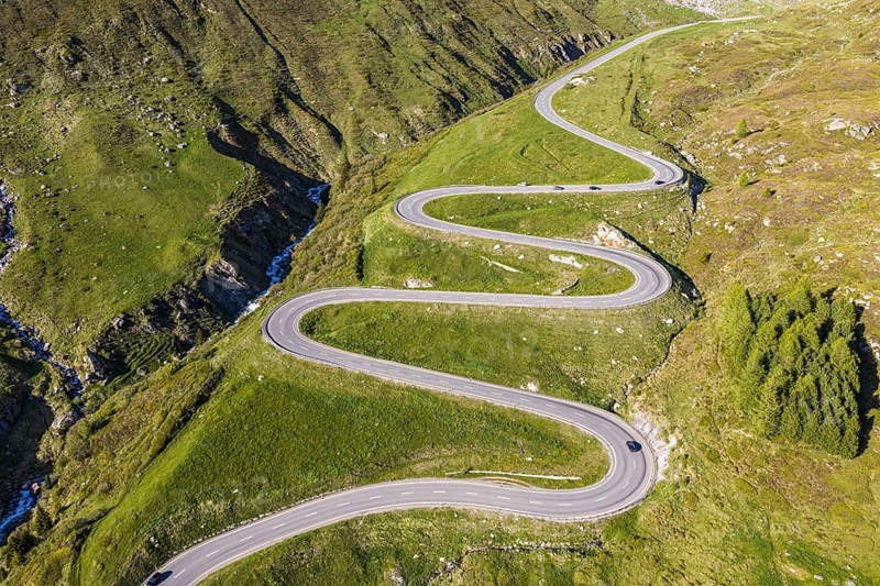 Winding curves of the Julier mountain pass, aerial view, Switzerland