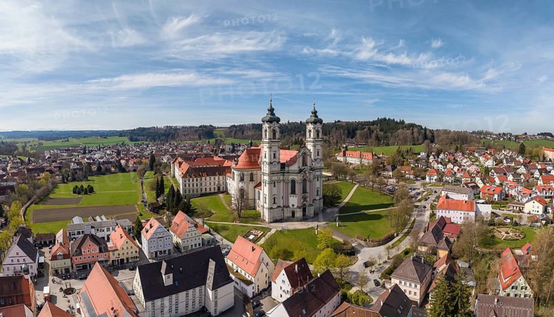 Aerial view, panorama of the Baroque Basilica of St. Alexander and Theodor, Ottobeuren Abbey, Ottobeuren, Unterallgäu, Bavaria, Germany