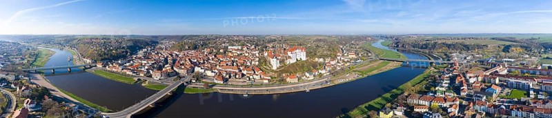 Panorama of the old town with Albrechtsburg castle and cathedral, Elbe bridges and course of the Elbe, Meissen, Saxony, Germany