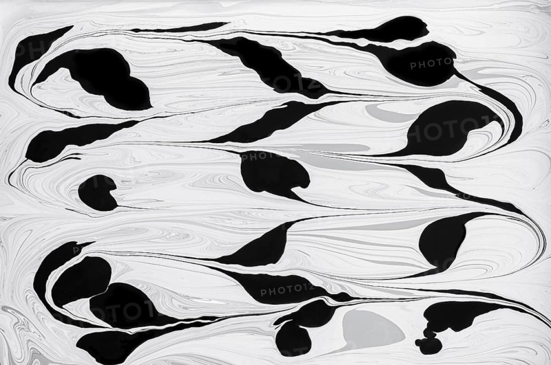Monochromatic abstract image featuring fluid black and white acrylic paint floral patterns. The intricate swirls and curves create a dynamic and elegant visual effect