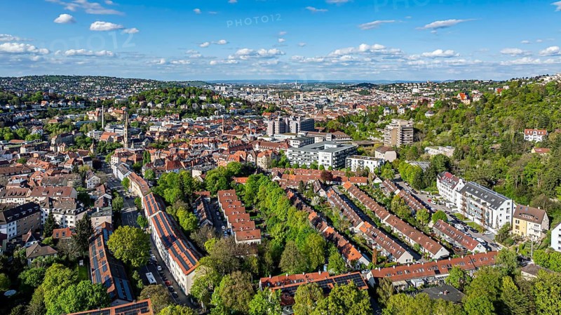 Stuttgart-Süd city view. St. Mary's Hospital in the middle of the picture, the city center behind it. Stuttgart, Baden-Württemberg, Germany