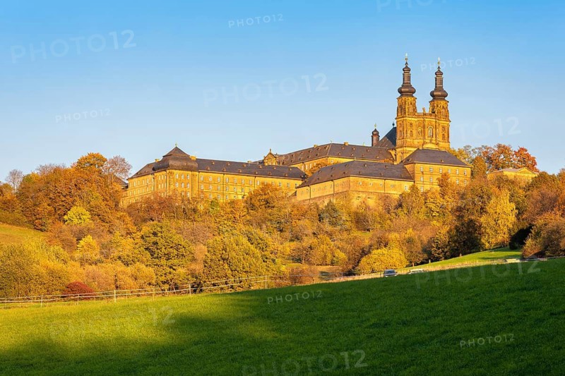 Banz Monastery in the evening light in autumn, Bad Staffelstein, Upper Franconia, Franconia, Bavaria, Germany