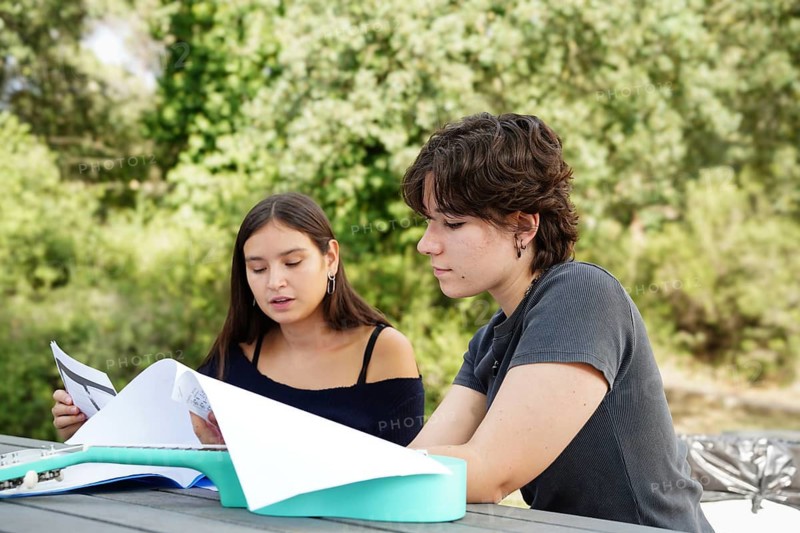 Two teenagers, one non-binary and one female, focus on studying at a park table, surrounded by greenery. They appear engaged in their school work, discussing and reviewing educational materials with ukulele and a music sheet