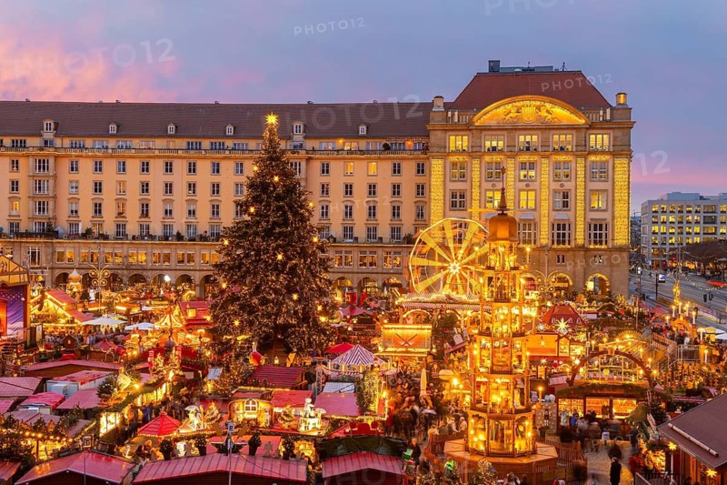 Dresden's Striezel Market has been held mostly on the Altmarkt since 1434 during Advent and attracts an average of around two million visitors a year. It is the oldest Christmas market in Germany, confirmed by a certificate. View from Star G Hotel Premium Dresden in Haus Altmarkt, Dresden, Saxony, Germany