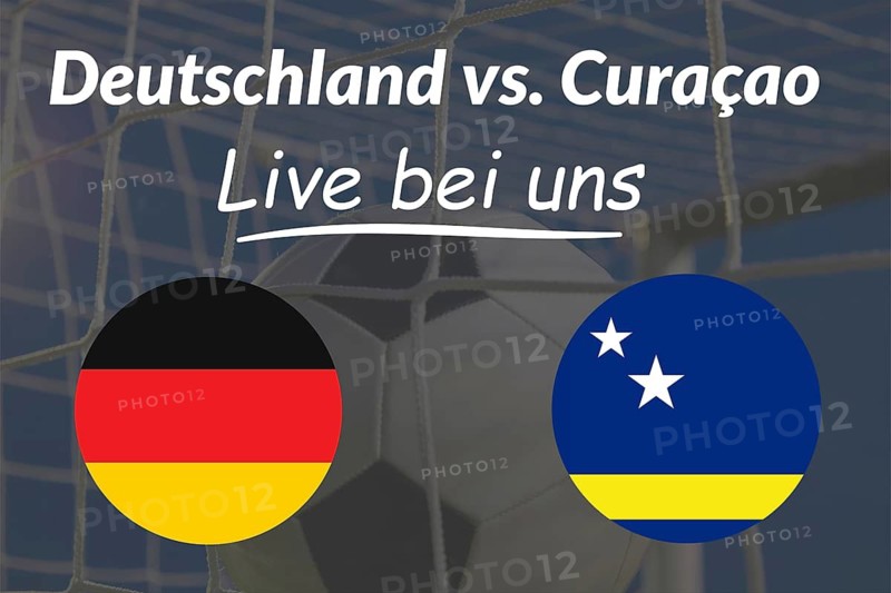 Announcement Public Viewing GERMANY VS. CURACAO with the message LIVE WITH US. In the background you can see a ball in the goal net, next to it the flags of both countries