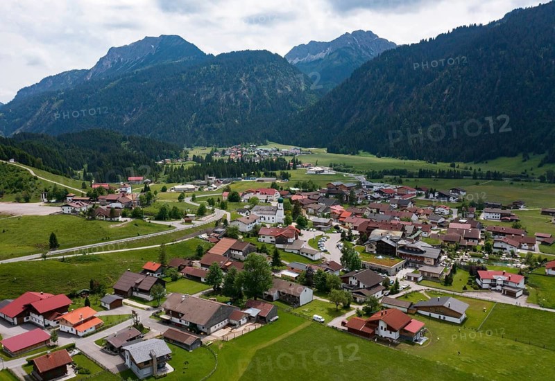 Drone image, view of the village, Grän, Tannheimer Tal, Reutte district, Tyrol, Austria