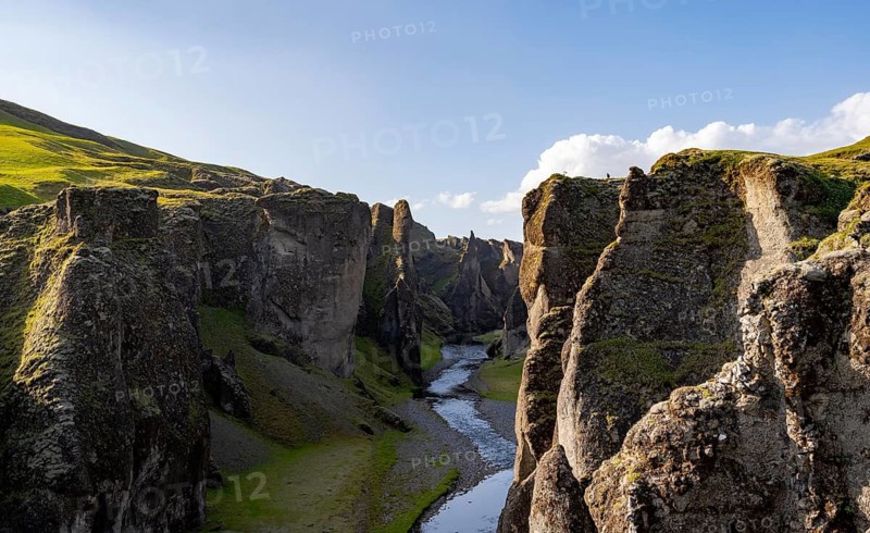 Fjaðrárgljúfur Canyon, Fjadrargljufur, rock formations in rugged deep canyon with river in the evening light, near Kirkjubæjarklaustur, South Iceland, Iceland