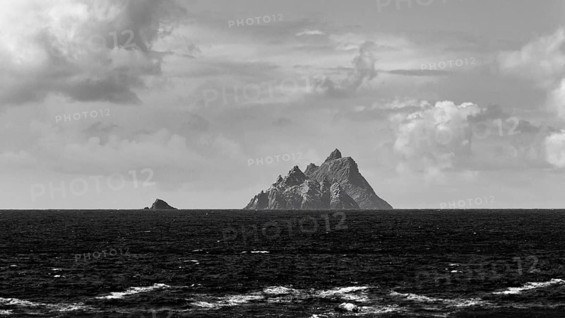 Bird island Little Skellig, rocky island on the horizon, monochrome, panoramic road Skellig Ring, Portmagee, Iveragh Peninsula, Kerry, Ireland