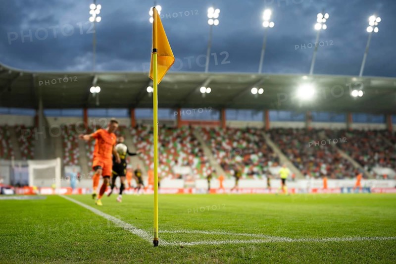 Corner of football pitch at the stadium during the match in Lubin, Poland