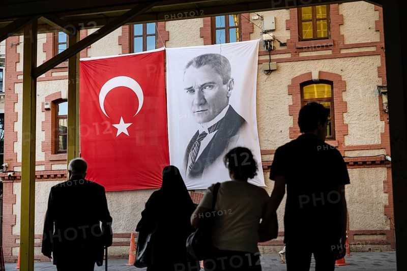 Istanbul, Turkey. May 26th 2026. The Turkish flag displayed beside a portrait of Mustafa Kemal Ataturk, founder of the Turkish Republic and first president. An iconic symbol of Turkish nationalism as the Turkish opposition party struggles with a political crisis