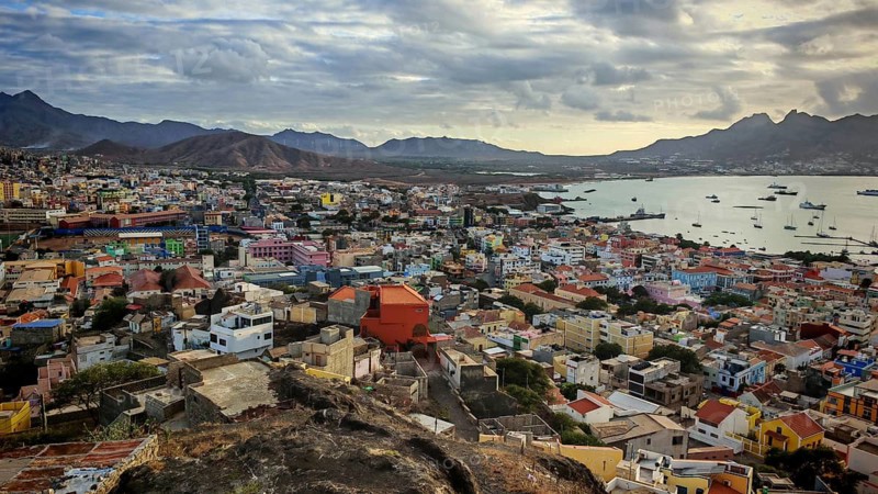 Panoramic view of Mindelo with mountains and sea and colorful houses in cloudy evening, Mindelo, Sao Vicente, Cabo Verde, Cape Verde, Cape Verde