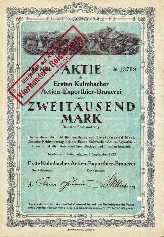 Share of the Erste Kulmbacher Aktienbrauerei from 1920 for 2000 Marks, overprinted with converted to 400 Reichsmark, Kulmbach, Upper Franconia, Bavaria, Germany, reproduction from an original from that time, historical, digitally enhanced