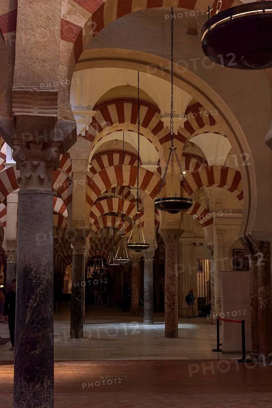 Vaulted interior with high columns, ceiling lights and red and white arch details, Cathedral Mosque of Córdoba (Mezquita-Catedral), Cordoba, Andalusia, Spain