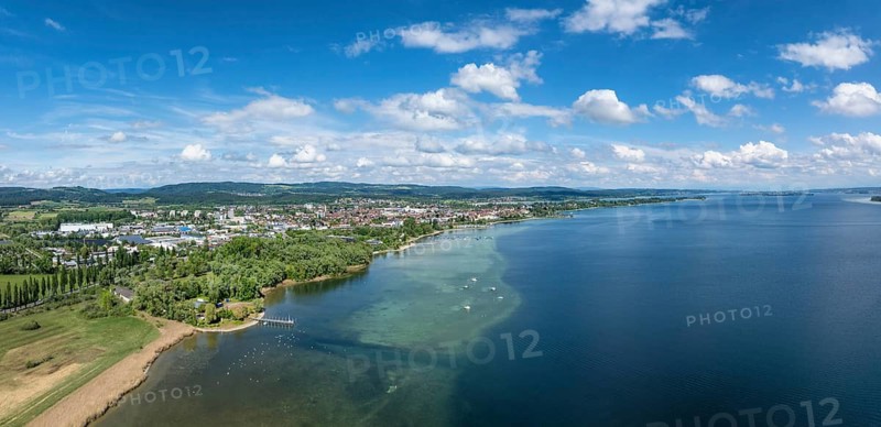 Aerial view, panorama of the town of Radolfzell on Lake Constance, on the horizon the Mettnau peninsula and the island of Reichenau in the district of Konstanz, Baden-Württemberg, Germany