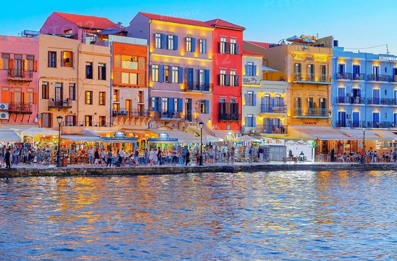 The Venetian Harbour at dusk, Chania, Crete, Greek Islands, Greece