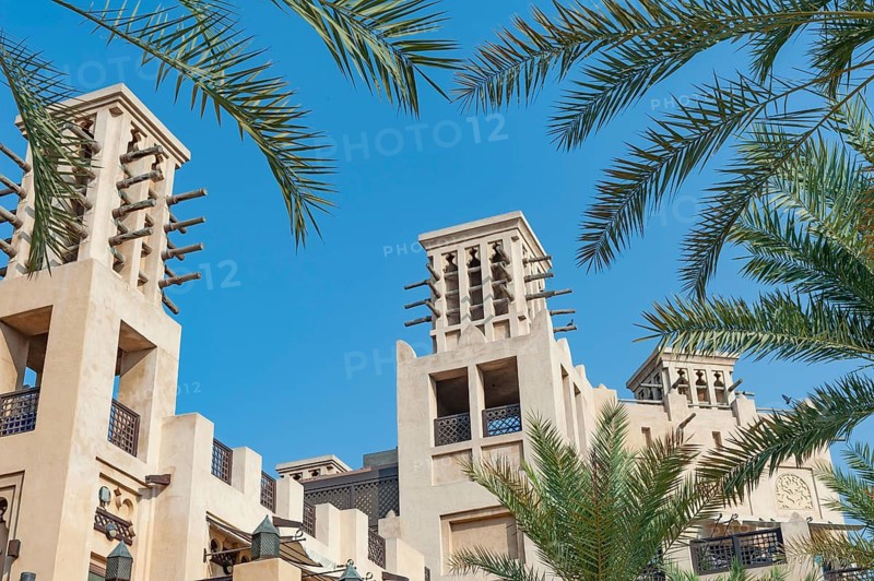 Dubai, United Arab Emirates. June 30th 2019. Traditional Emirati Wind Towers at the Jumeirah Beach hotel complex, Dubai cultural heritage beside the sea in the United Arab Emirates