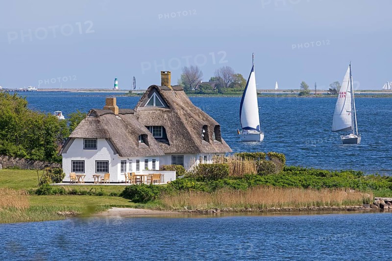 Thatched houses, sailboats, Rabelsund, Rabel, Schlei, Schleswig-Holstein, Germany