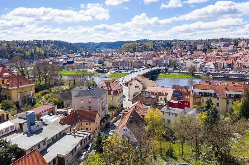 City view with old town bridge, Elbe and Church of Our Lady, Meissen, Saxony, Germany