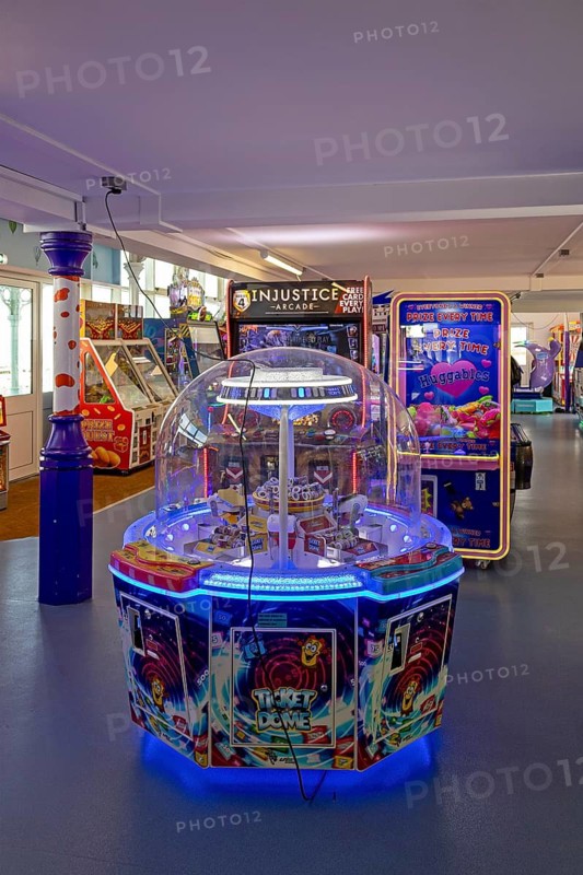 Interior view, Mumbles Pier theme park, Mumbles Head, Gower Peninsula, Swansea Bay, Wales, United Kingdom