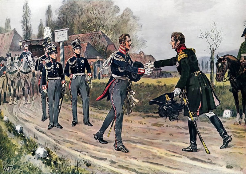 Emperor Alexander I of Russia meets Frederick William III of Prussia near Spahlitz, 1813, historical painting by W. Friedrich, Kaiser Alexander I. von Russland trifft Friedrich Wilhelm III. von Preußen bei Spahlitz, 15.3.1813