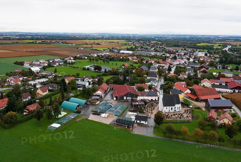 Drone image, residential buildings, view of village with church, Antiesenhofen, Innviertel, Upper Austria, Austria