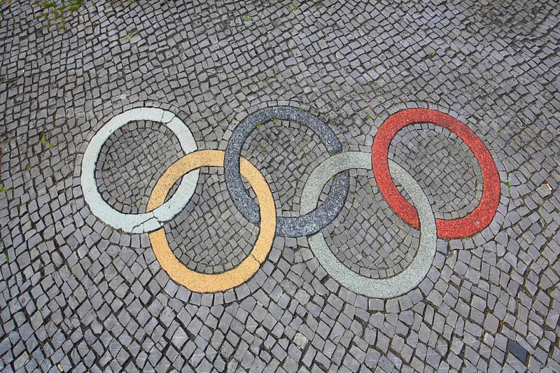 Olympic rings as floor mosaic, paving stones, Rathenow, Havelland, Brandenburg, Germany