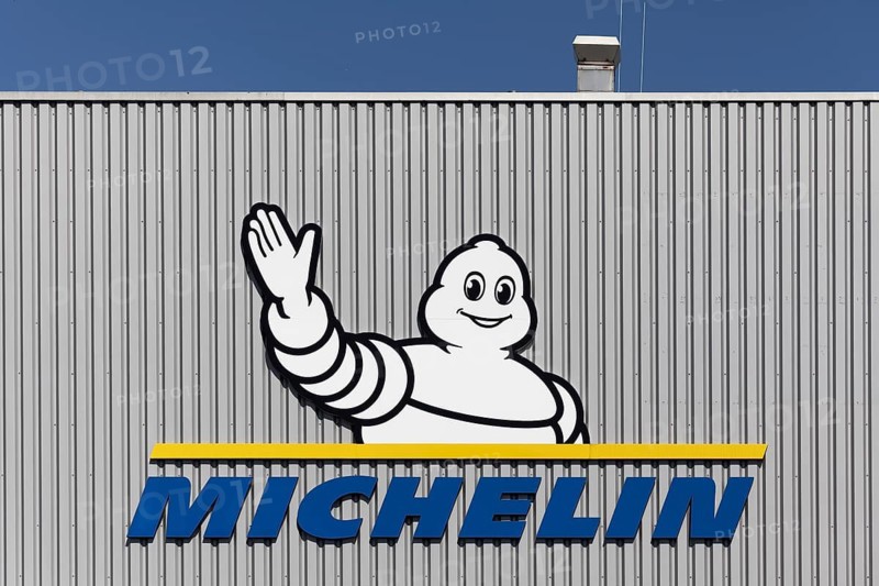 Michelin, company logo with Michelin man, Bibendum, on a warehouse, Logoport, Duisburg, North Rhine-Westphalia