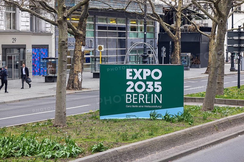 EXPO 2035 Berlin. Advertisement for the World Fair in the federal capital on Kurfürstendamm. Berlin, Germany