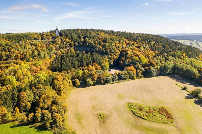 Aerial view of the Pöhlberg with observation tower and basalt columns *butter barrels* in autumn, Annaberg-Buchholz, Erzgebirge, Saxony, Germany