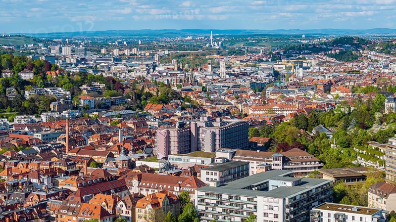 Stuttgart-Süd city view. St. Mary's Hospital in the middle of the picture, behind it the city center of the state capital. Stuttgart, Baden-Württemberg, Germany