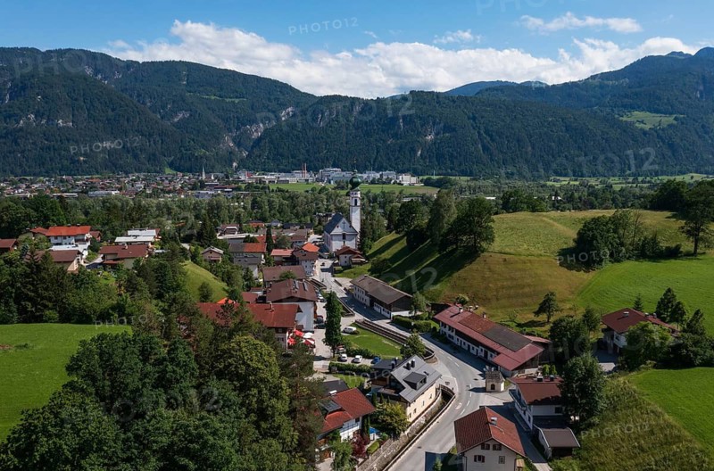 Drone image, view of village with parish church, Breitenbach am Inn, Inntal, Tyrol, Austria
