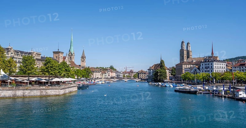 View from the Quai Bridge over the Limmat to the towers of Zurich's Old Town, Zurich, Switzerland